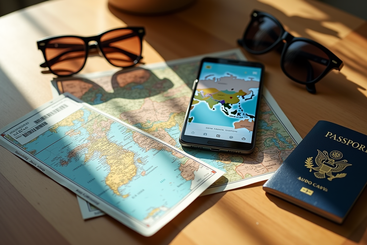 Organisation d accessoires de voyage sur table ensoleillee