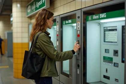 Jeune femme achetant un ticket au distributeur automatique du métro U-Bahn de Berlin
