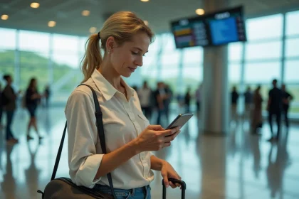 Voyageuse à l'aéroport Roland Garros de Saint-Denis à La Réunion consultant son billet d'avion avant un vol pour Paris
