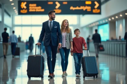 Agent aéroport guidant une famille avec valises à Al Massira
