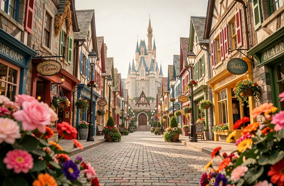 Allée principale d'un parc à thème avec château emblématique au fond, ambiance féerique pour choisir entre Disneyland Paris et Parc Espagne Aventura