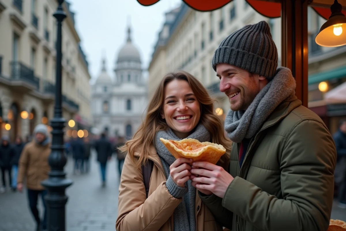 Deux amis partageant une crêpe près de la Place du Tertre à Montmartre un dimanche, place déserte et Sacré-Cœur visible en arrière-plan