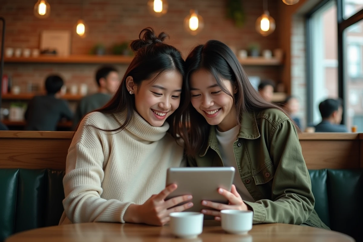 Deux amis découvrant ensemble des manga boylove sur une tablette dans un café cosy
