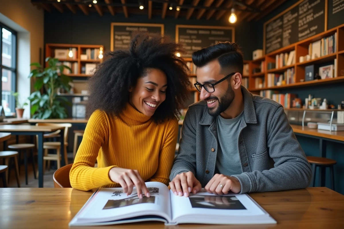 Deux amis feuilletant un magazine culturel ensemble dans un café-librairie indépendant, ambiance conviviale et curieuse