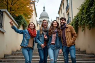 Groupe d'amis joyeux sur les marches de Montmartre à Paris en automne