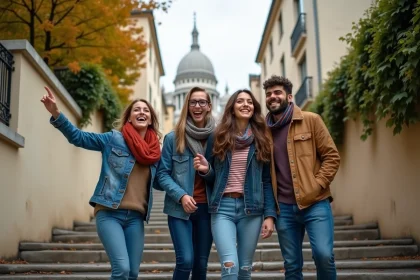 Groupe d'amis joyeux sur les marches de Montmartre à Paris en automne