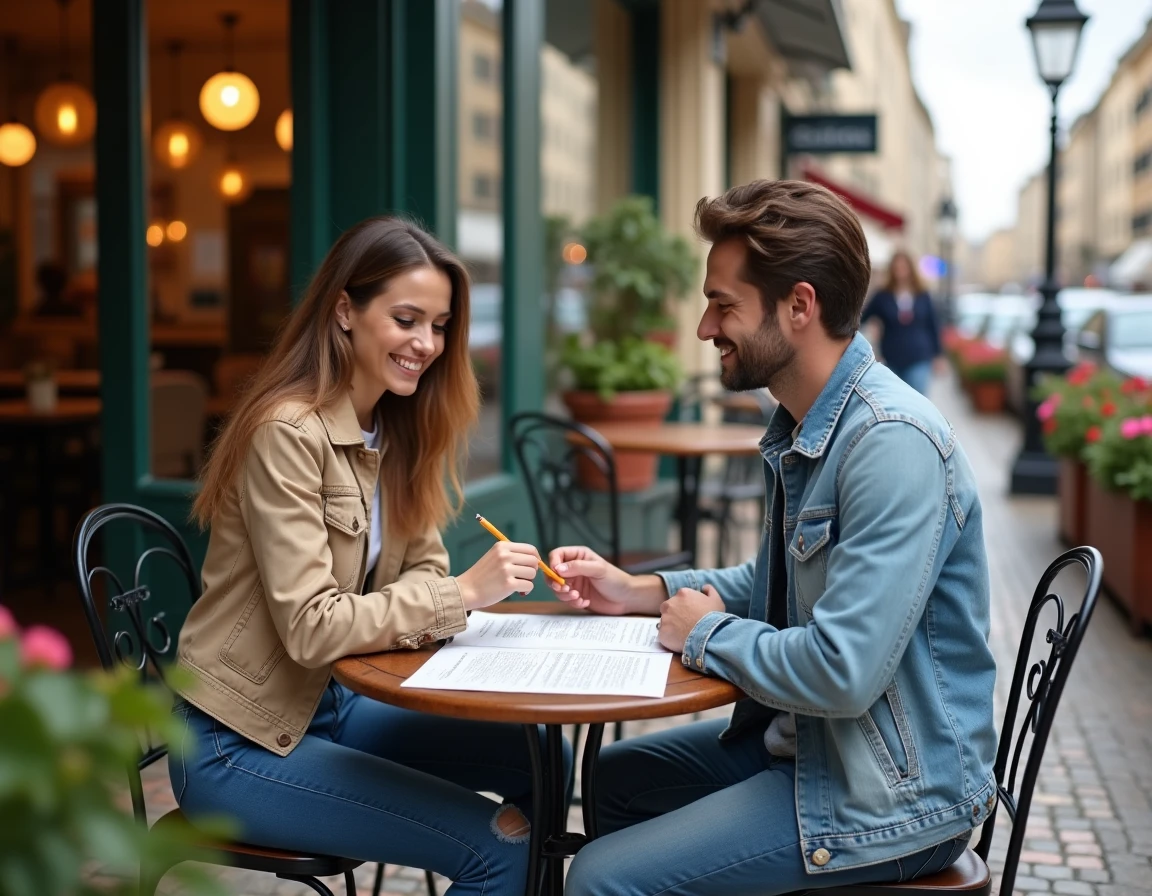 Deux amis collaborant sur des mots croisés à la terrasse d'un café parisien