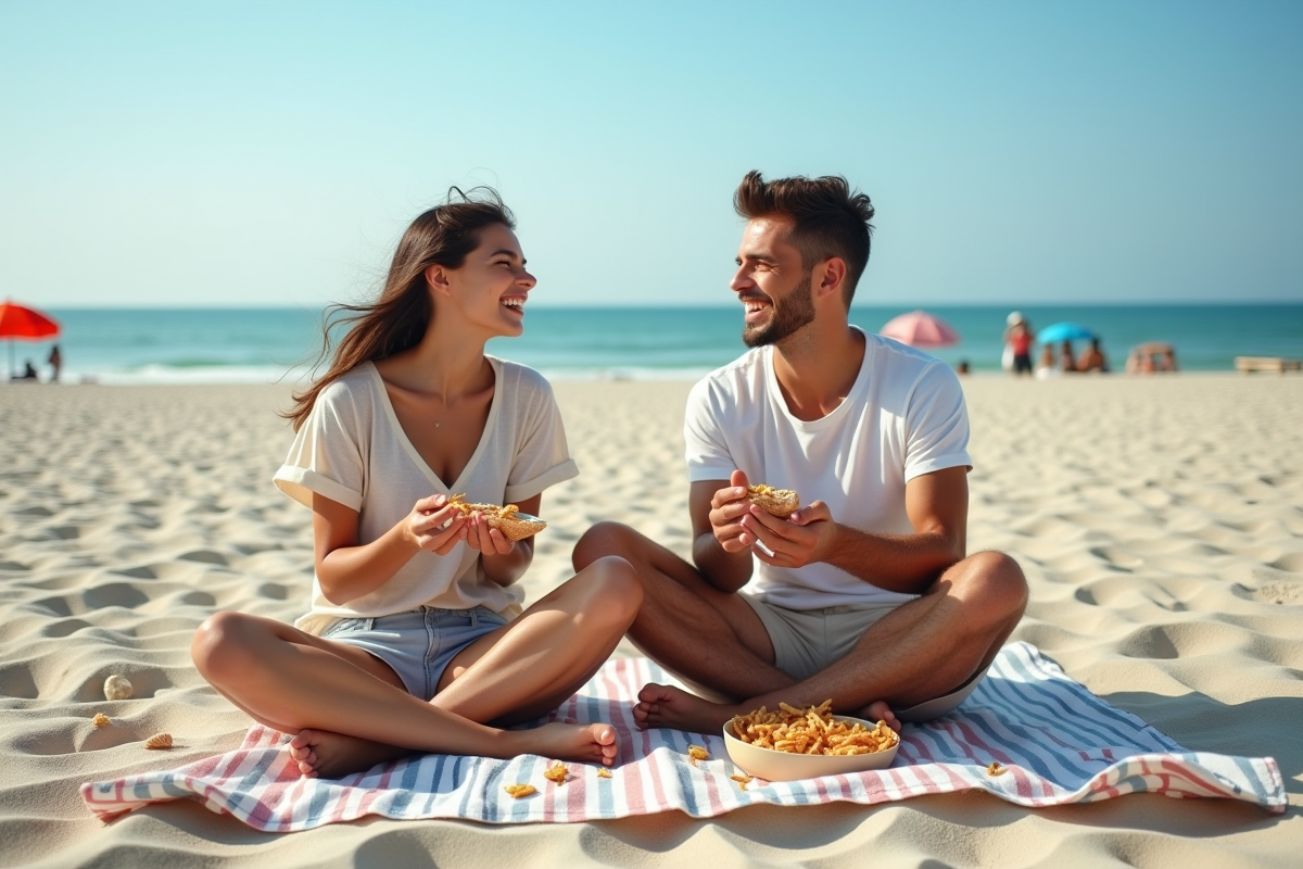 Jeunes adultes souriants partageant snacks sur la plage