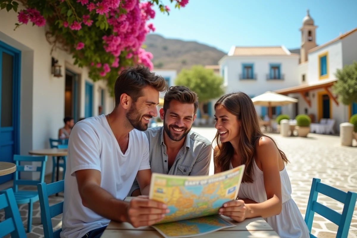 Trois amis regardant une carte dans un village cycladique