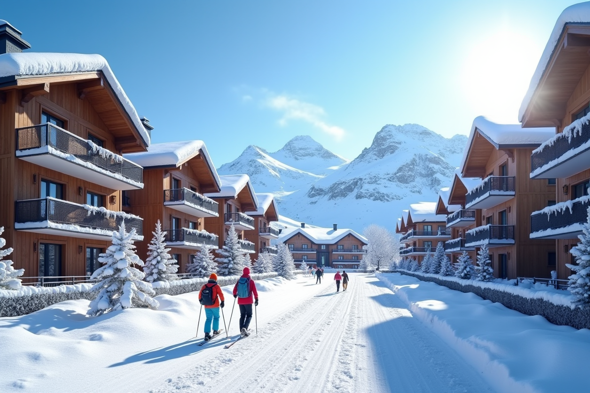 Appartements modernes au ski avec skieurs et paysage enneige