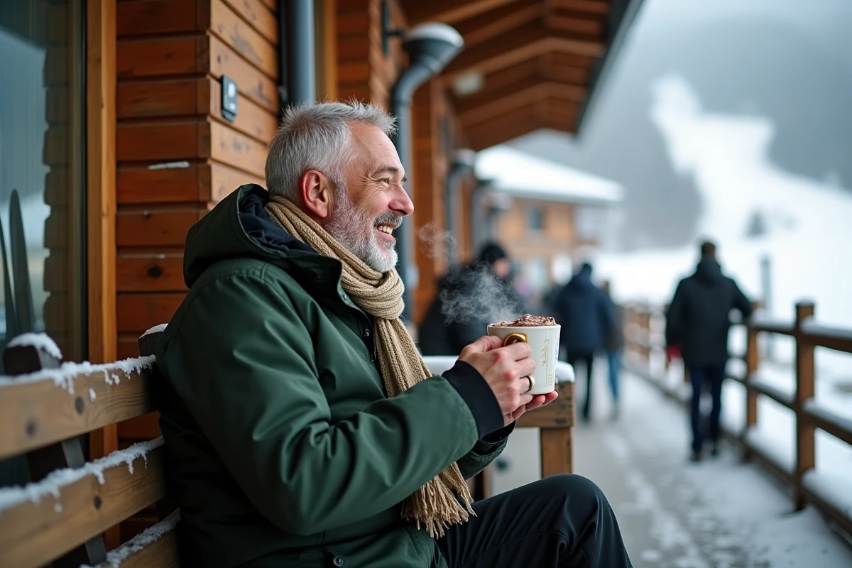 Homme en pause après-ski sur la terrasse d'un chalet de montagne enneigé près de Paris