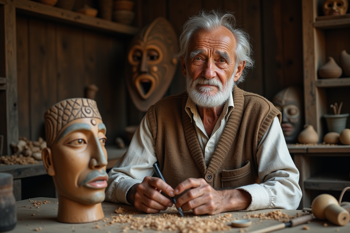 Artisan âgé sculptant un masque en bois dans son atelier
