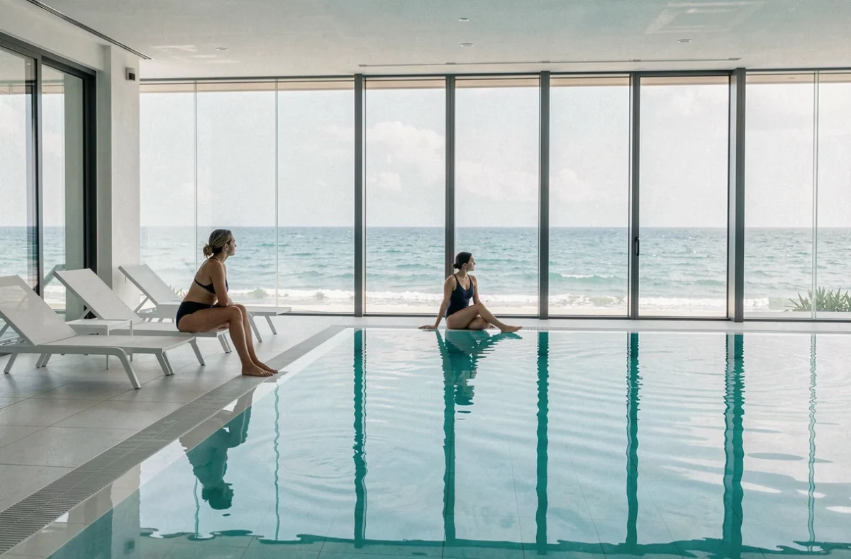 Piscine intérieure de l'Atlantic Hôtel et Spa aux Sables d'Olonne avec vue panoramique sur l'océan
