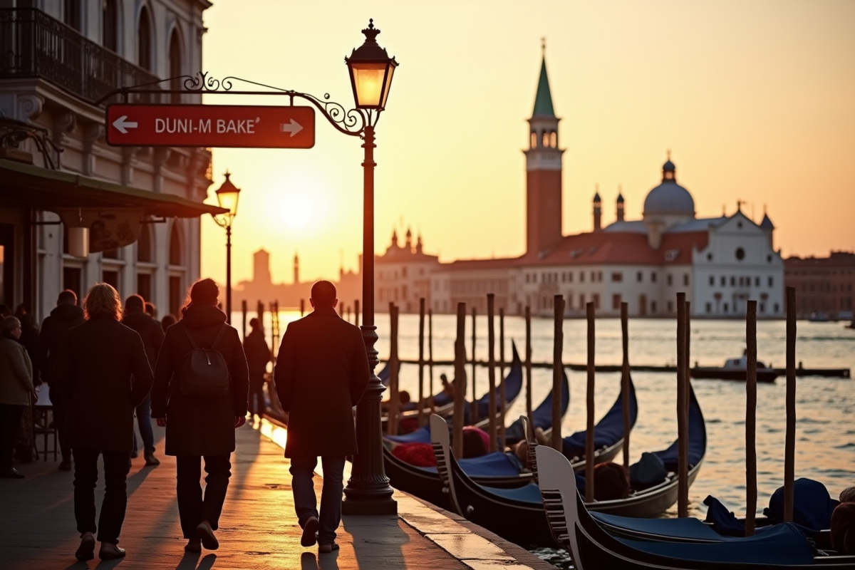 Personnes attendant au arrêt de vaporetto à Venise au coucher de soleil