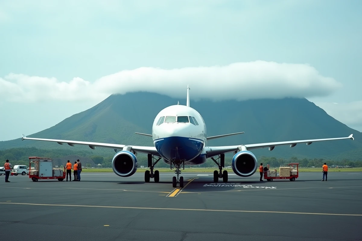 Avion long-courrier sur le tarmac de l'aéroport de Saint-Denis La Réunion avec le paysage volcanique en arrière-plan