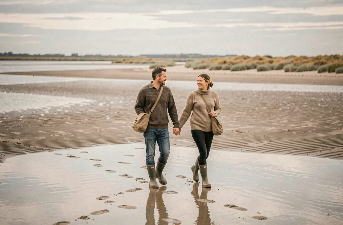 Couple marchant sur la plage de la baie de Somme à marée basse, reflets sur le sable mouillé et vasières en arrière-plan
