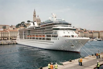 Bateau de croisière amarré au port de Marseille avec la basilique Notre-Dame de la Garde en arrière-plan