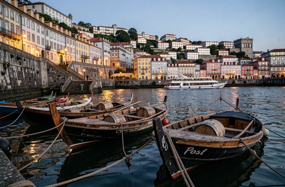 Bateaux rabelo traditionnels amarrés sur le Douro à Porto au crépuscule avec les caves à vin de Vila Nova de Gaia en arrière-plan