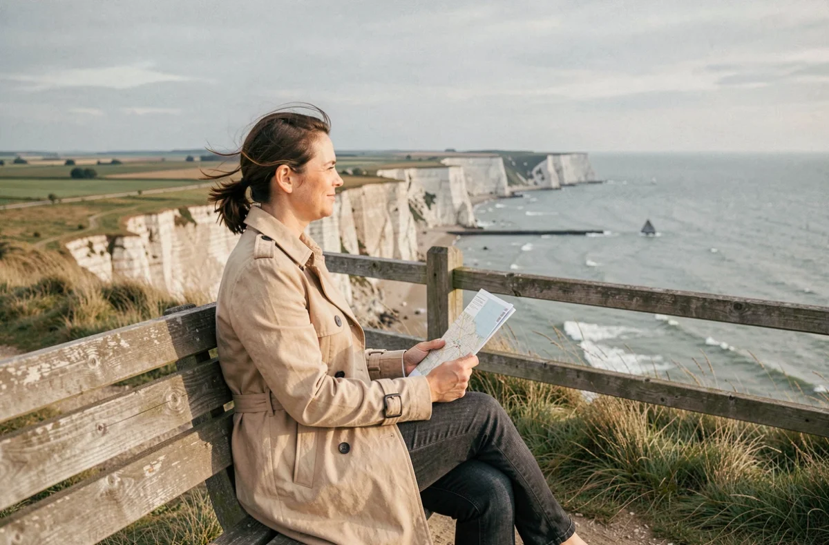 Femme assise sur un banc en bois au belvédère des falaises d'Ault avec vue panoramique sur la côte picarde et la baie de Somme