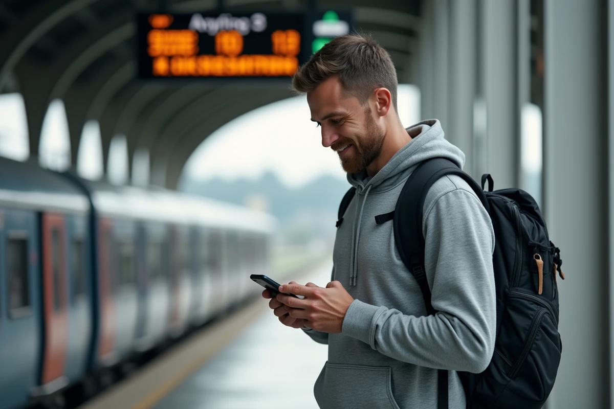 Homme vérifiant ses billets de train sur smartphone en gare pour des vacances scolaires économiques