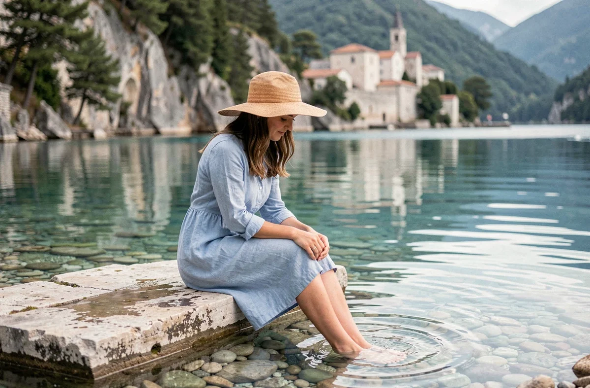 Femme au bord du lac Ohrid aux eaux transparentes avec vue sur les monastères en Macédoine