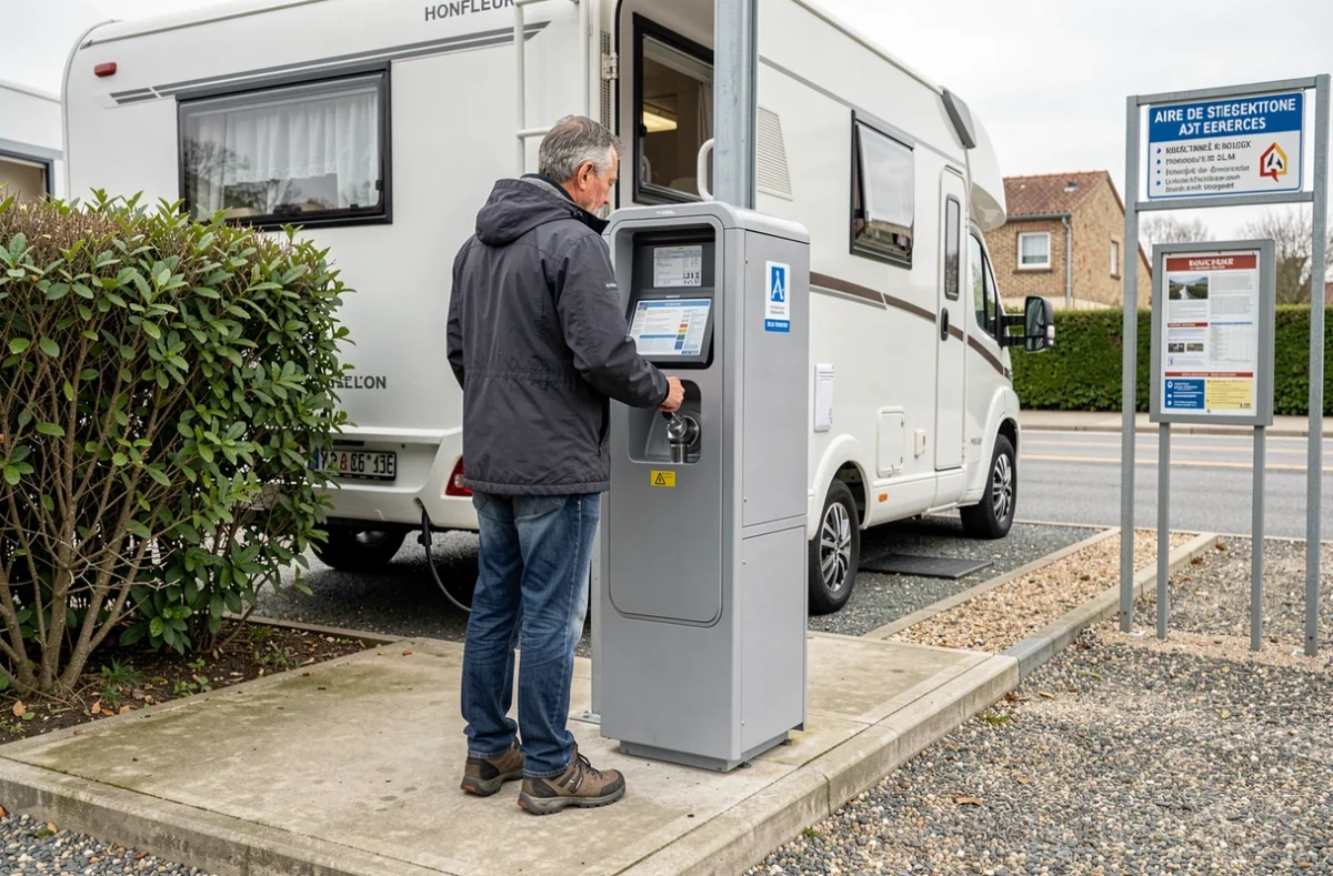 Voyageur utilisant une borne de services pour camping-car à Honfleur avec panneau municipal français