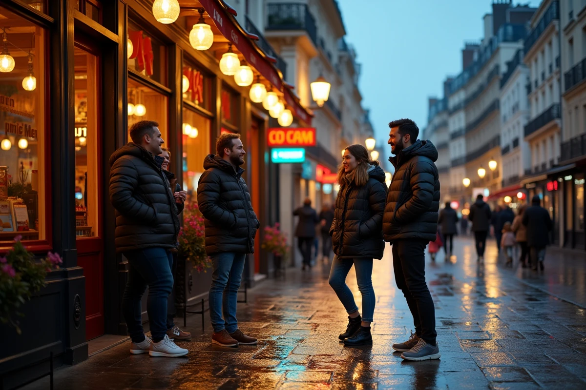 Groupe d'amis devant une brasserie parisienne sur le boulevard du Temple près de la Place de la République au crépuscule sous la pluie