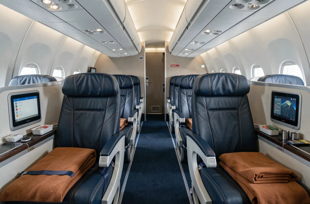 Cabine business class d'Air India avec sièges en cuir marine et or, écrans personnels et kits de voyage disposés