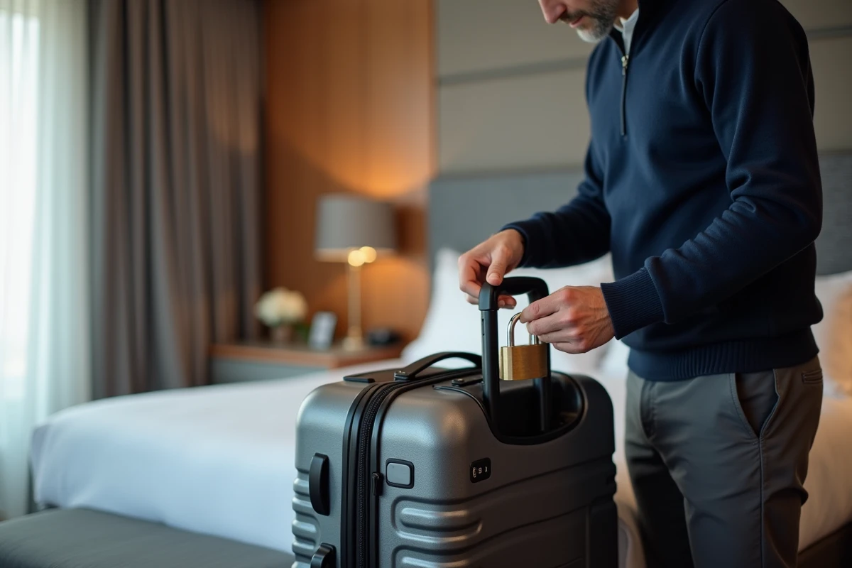 Homme fixant un cadenas sur les fermetures éclair d'une valise cabine rigide dans une chambre d'hôtel