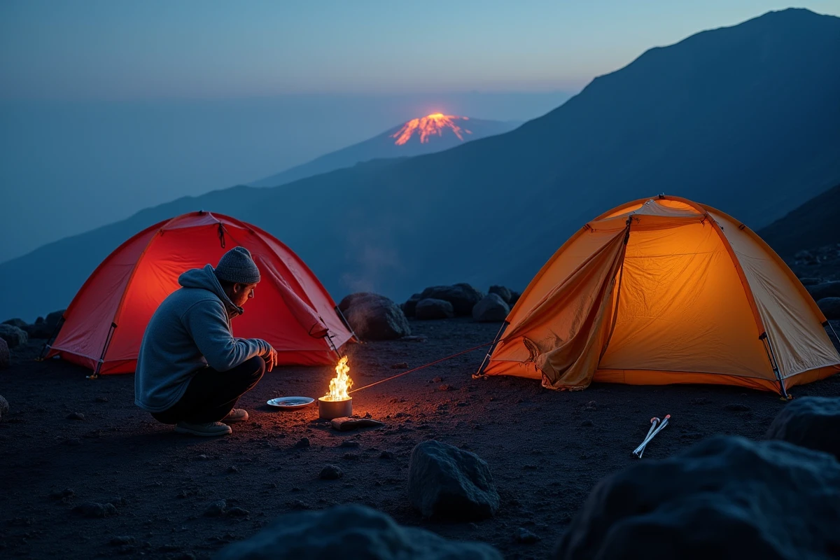 Camp de base au sommet du Nyiragongo avec tentes d'expédition et guide local sous la lueur du volcan actif la nuit