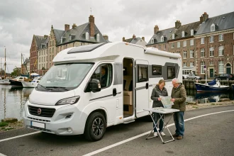 Camping-car moderne garé sur une aire dédiée face au Vieux-Bassin de Honfleur avec un couple consultant une carte