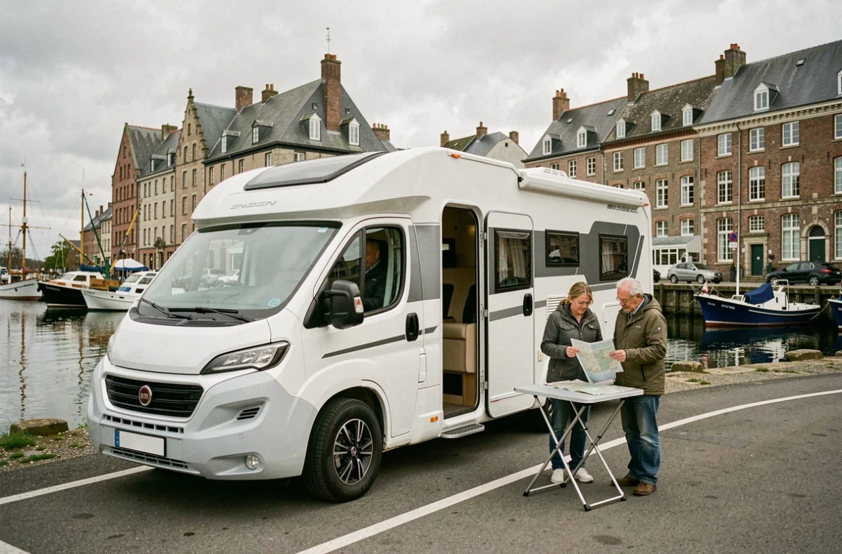 Camping-car moderne garé sur une aire dédiée face au Vieux-Bassin de Honfleur avec un couple consultant une carte