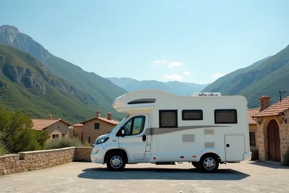 Camping-car blanc garé à Dancharia au pied des Pyrénées espagnoles avec vue sur le village frontalier