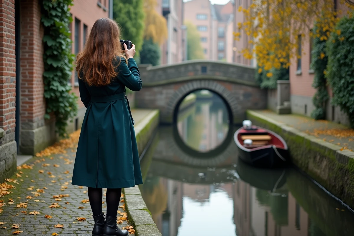 Voyageuse photographiant un pont médiéval sur un canal de Bruges en automne