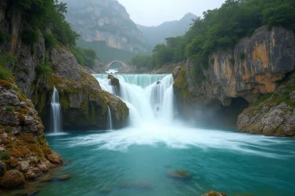 Vue grand angle de la cascade de la Vis avec ses eaux turquoise et ses falaises calcaires en Hérault