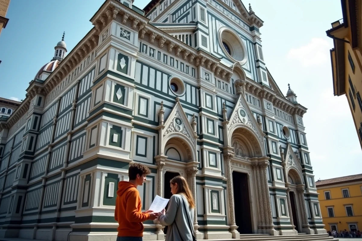 Façade gothique en marbre bicolore du Duomo de Sienne avec des touristes consultant une carte touristique