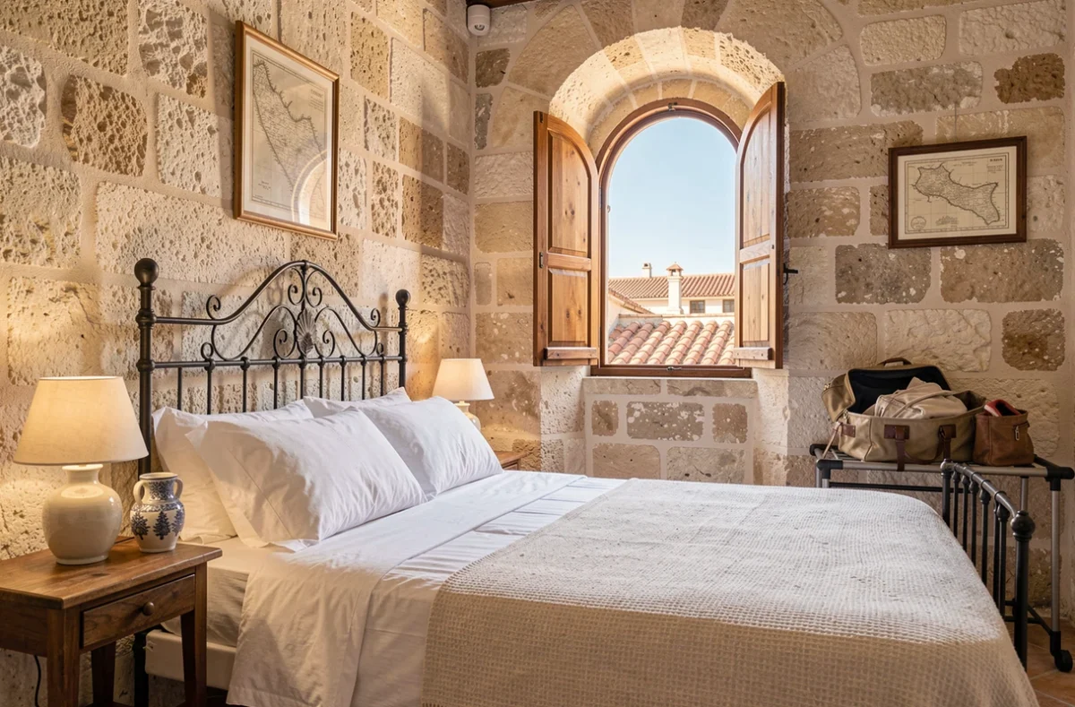 Chambre d'hôtel boutique à La Valette avec murs en calcaire, lit en fer forgé et fenêtre ouverte sur les toits de Malte