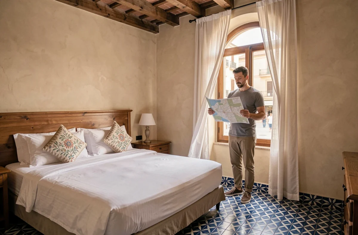 Chambre d'hôtel historique rénovée au centre de Malaga avec carrelage andalou, poutres apparentes et vue sur la place piétonne
