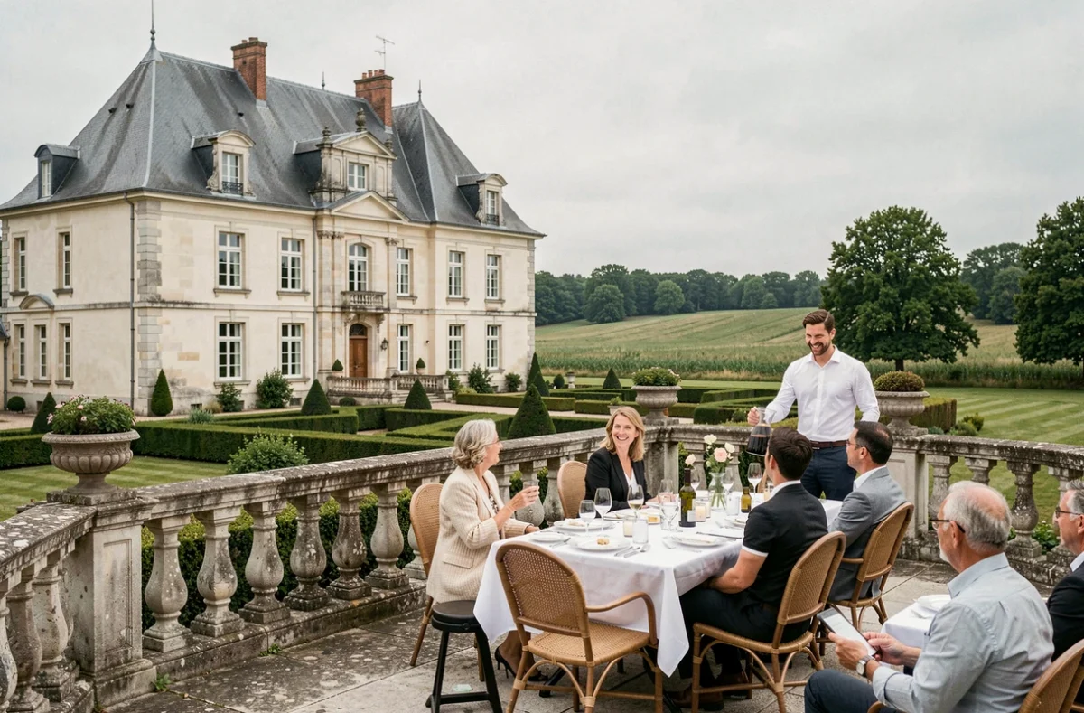 Le Château de la Barbinière, hôtel-restaurant à Saint-Laurent-sur-Sèvre, avec terrasse dressée pour le dîner