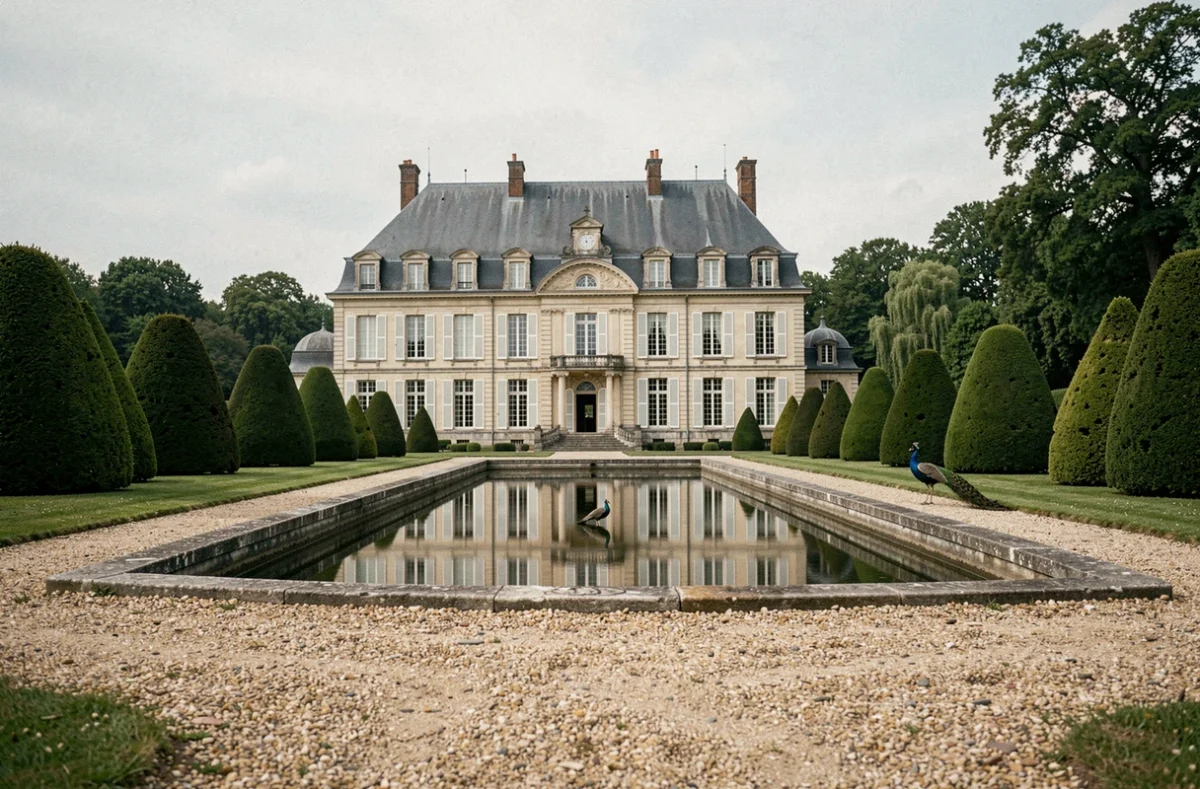 Façade majestueuse du Château du Boulay-Morin entouré de jardins à la française et d'un miroir d'eau