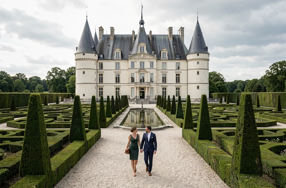Château du Bû et ses jardins à la française avec couple se promenant le long d'une allée de topiaires