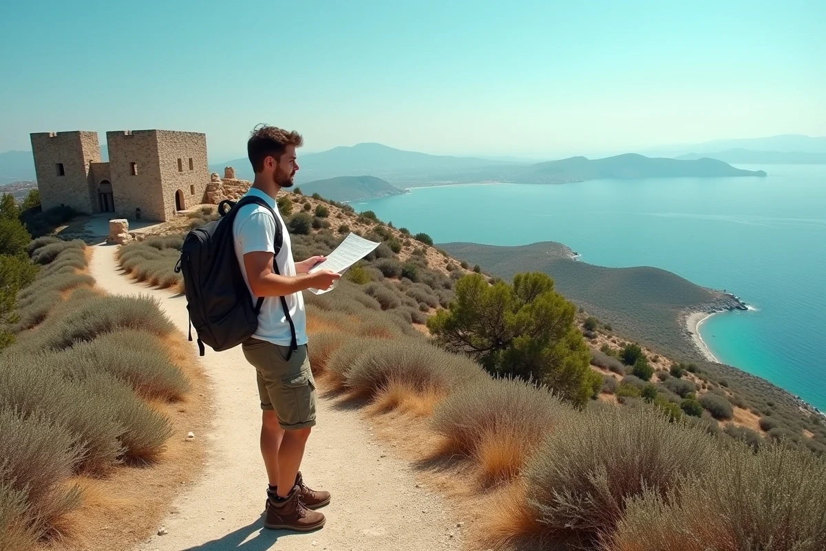 Vue panoramique depuis les ruines du château médiéval de Chalki avec un randonneur consultant une carte face à la mer Égée turquoise