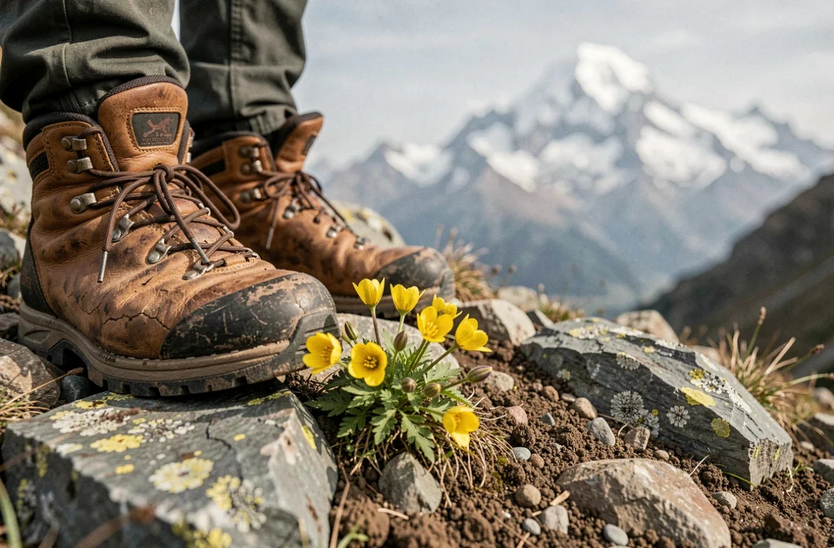Chaussures de randonnée sur le sentier du col du Petit-Saint-Bernard avec vue floue sur le Mont-Blanc