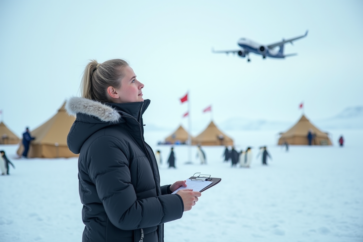 Jeune chercheuse observant un avion au-dessus de la glace