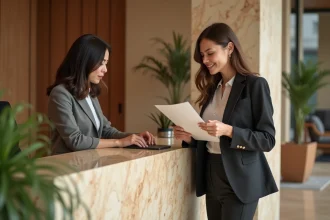 Femme choisissant son hôtel day-use à la réception, consultant ses options de réservation