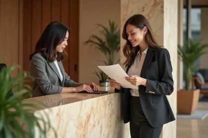 Femme choisissant son hôtel day-use à la réception, consultant ses options de réservation