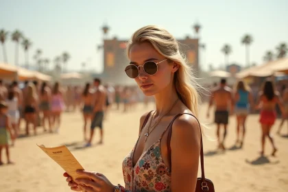 Jeune femme tenant un bracelet et le programme du festival Coachella près de l'entrée, illustrant le coût d'une journée au festival