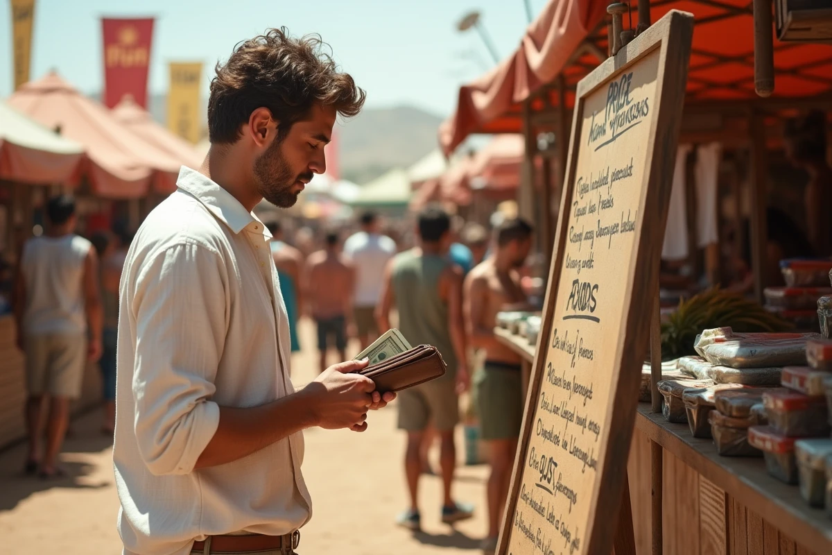 Homme payant en espèces à un stand du festival Coachella, avec tableau des prix des pass journée en arrière-plan