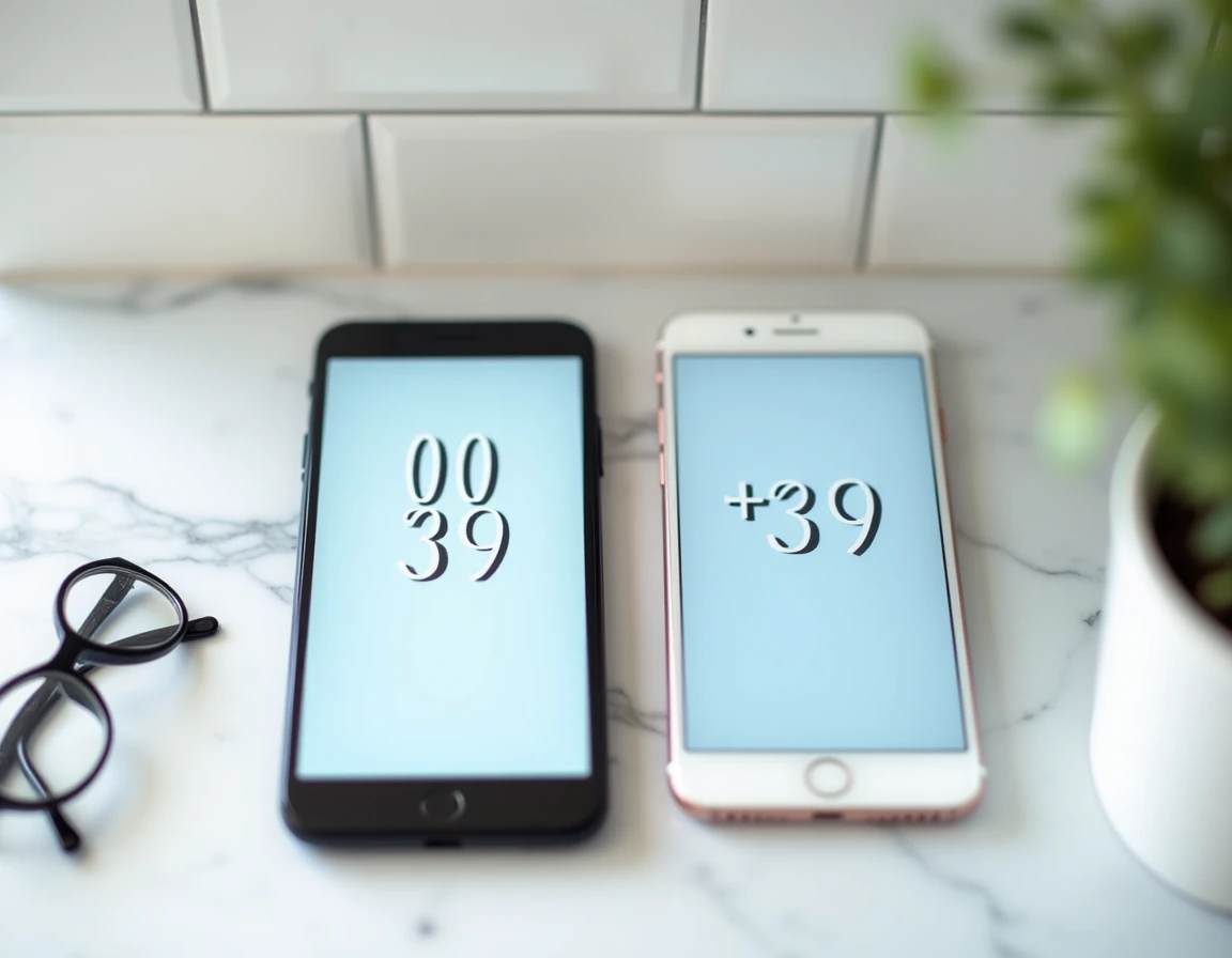 Comparaison de deux formats d'indicatif téléphonique italien 0039 et +39 sur des écrans de smartphones