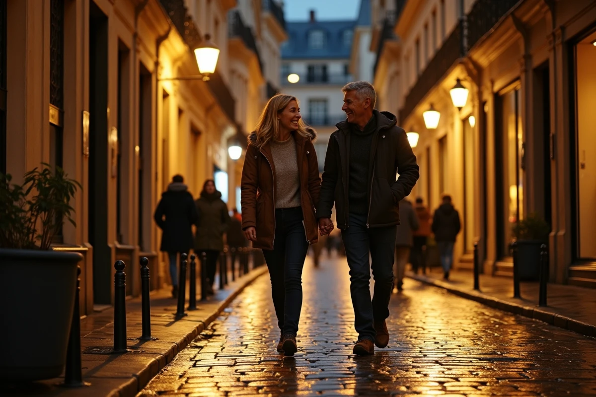 Couple se promenant dans les rues pavées du Marais à Paris la nuit, devant des vitrines illuminées